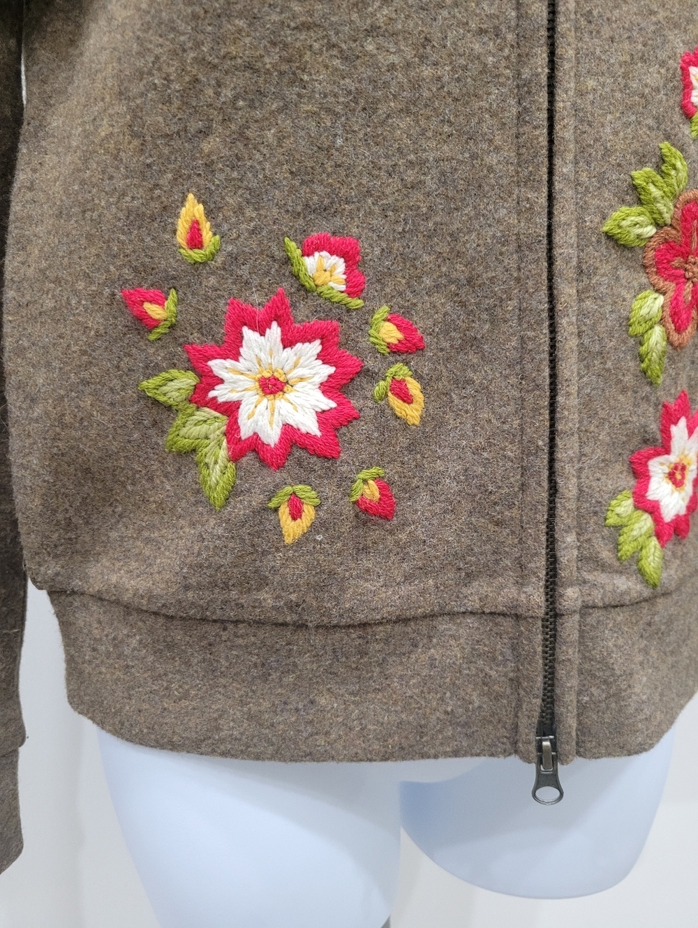 Y2K France Made 85% Wool Brown Embroidery Flower Zip Up Jacket Top Size: XS - Picture 6 of 9